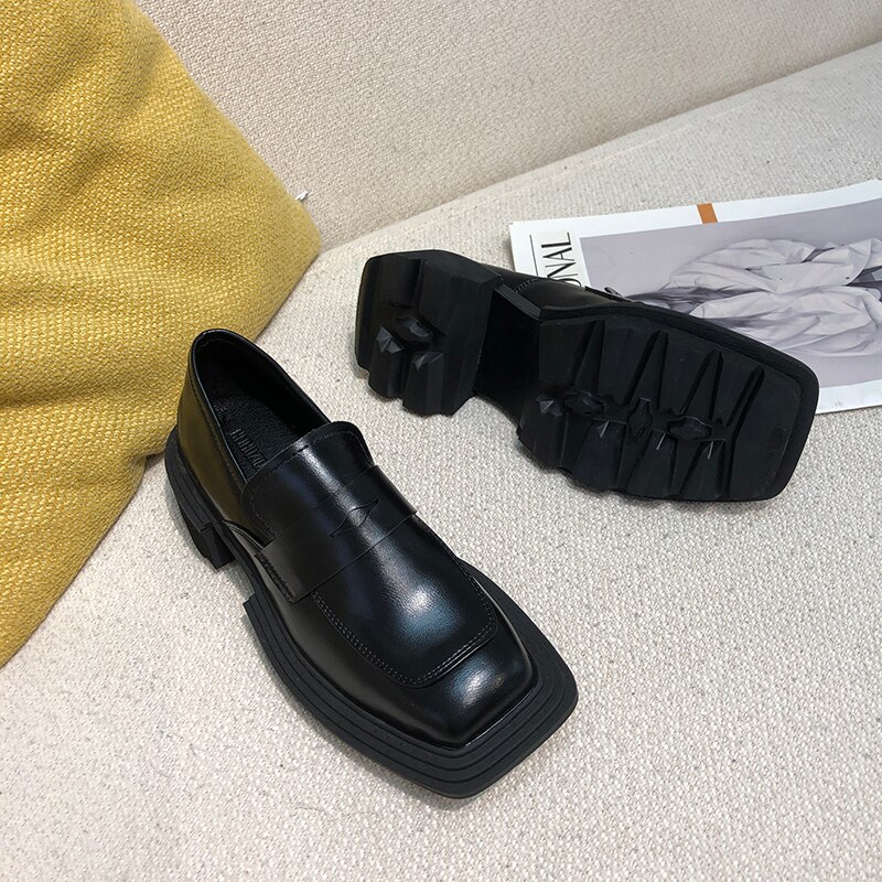 Deat efterår og vinter afslappet lavvandet tyk bund og firkantet hoved sort læder enkelt sko kvinder  sg232