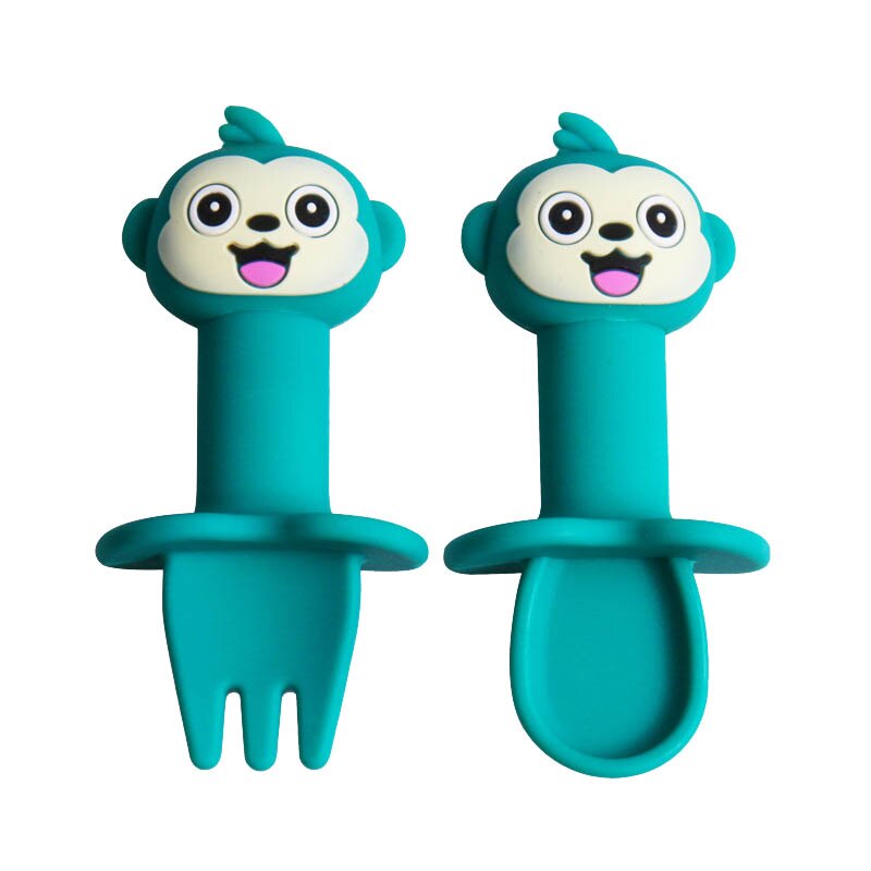 2Pcs/Set Cartoon Pattern Spoon Fork Set Detachable Safe Silicone Infant Feeding Children Tableware Utensil Heat-Resistant Spoon: Monkey blue