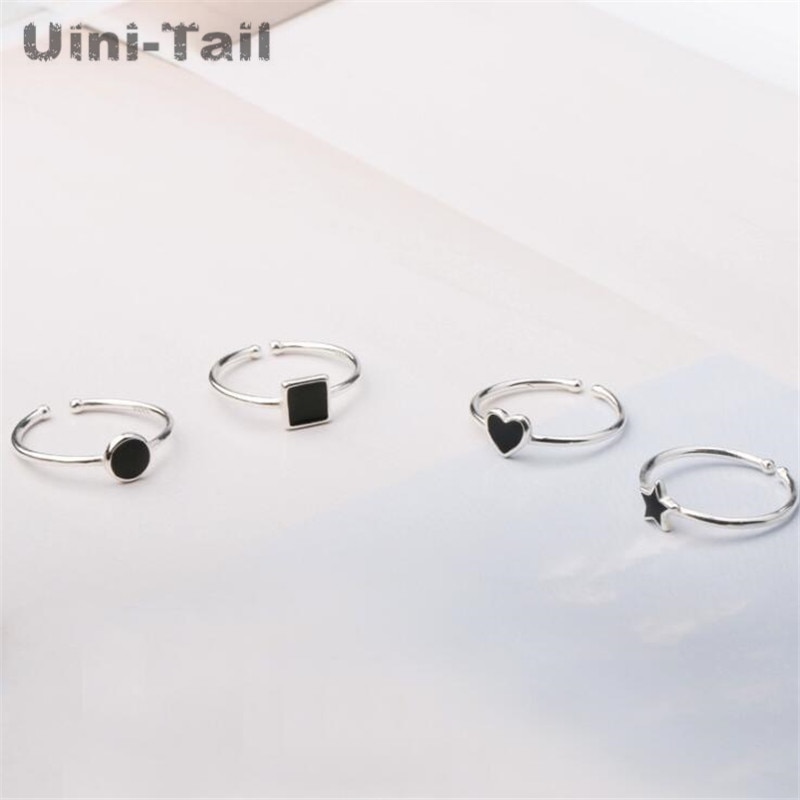 Uini-tail 925 en argent Sterling noir géométrique anneau personnalité ouvert époxy anneau étoile Triangle en forme de coeur anneau GN451