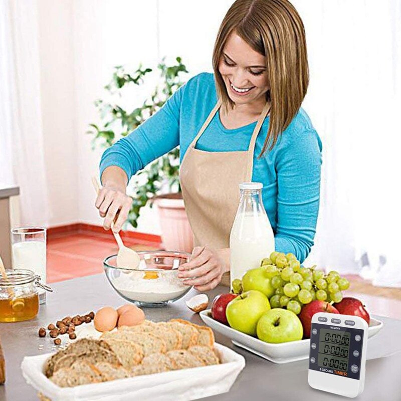 Digital Timer 100 Hour Triple Count Down/Up Clock Timer Kitchen Cooking Timer with LCD Display Loud Alarm net Bracket