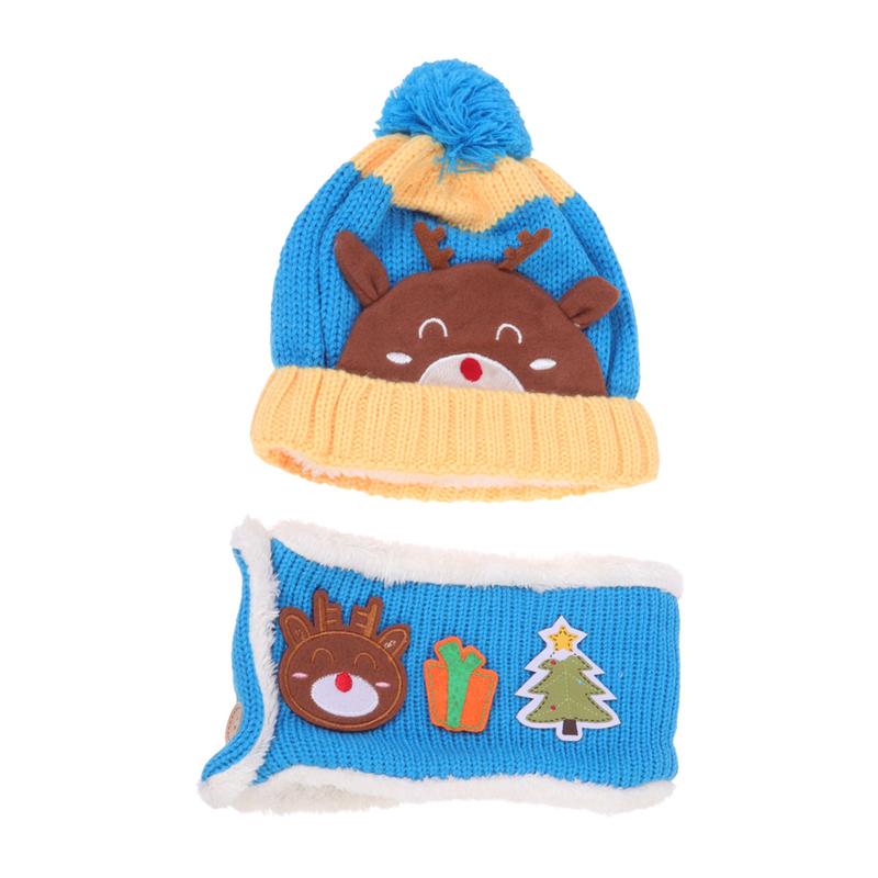 Baby Deer Pattern Hat Set Kid Winter Knitting Wool Yarn Scarf Kit Outdoor Warm Headwears for Children Warm Kids Neckerchief: Blue