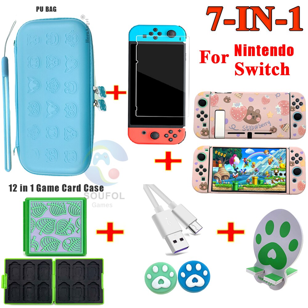 7 IN 1 Sakura custodia IN PU rosa per Nintendo Switch / Lite custodia da viaggio custodia IN pelle per Nintendo Switch accessori protettivi: Switch 7 in1 Blue A