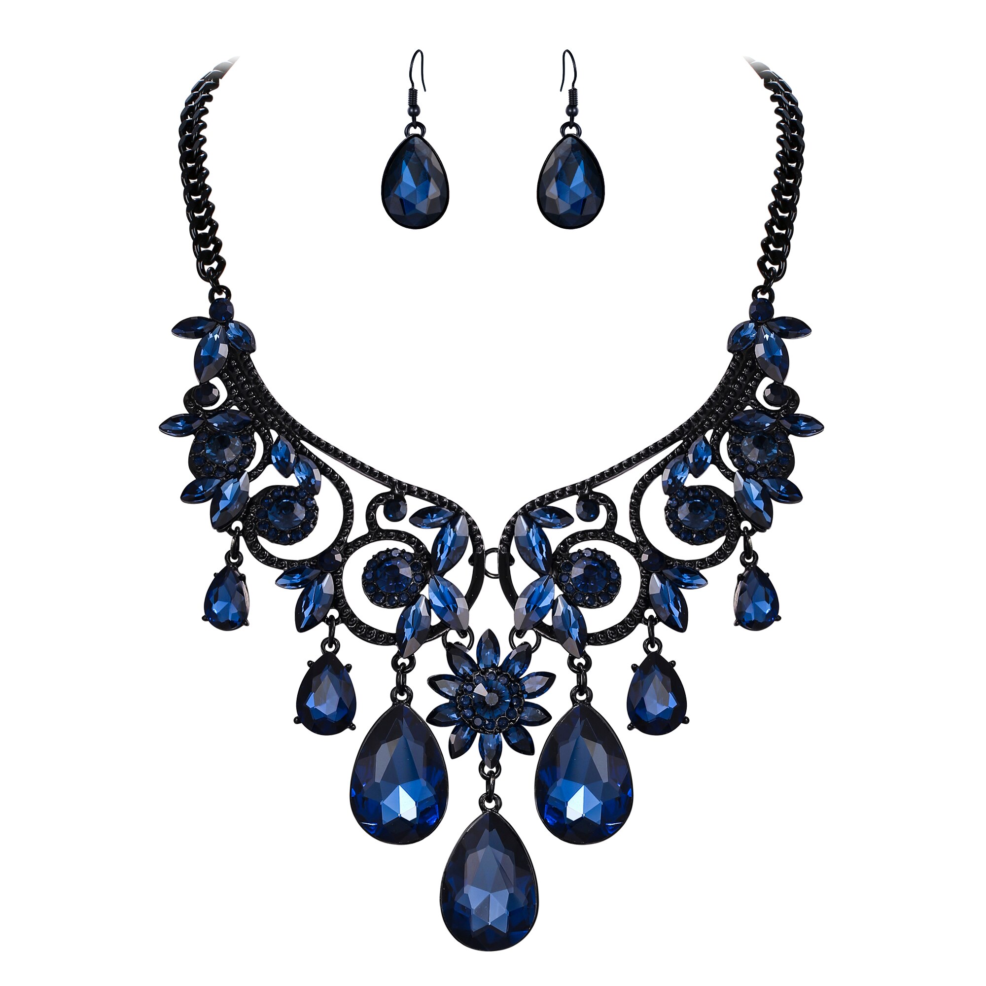 Ensemble de Bijoux de mariée en cristal, Collier de fleurs, boucles d&#39;oreilles, ras du cou, Bijoux Kpop, fête de mariage, Mangalsutra, à la: Blue