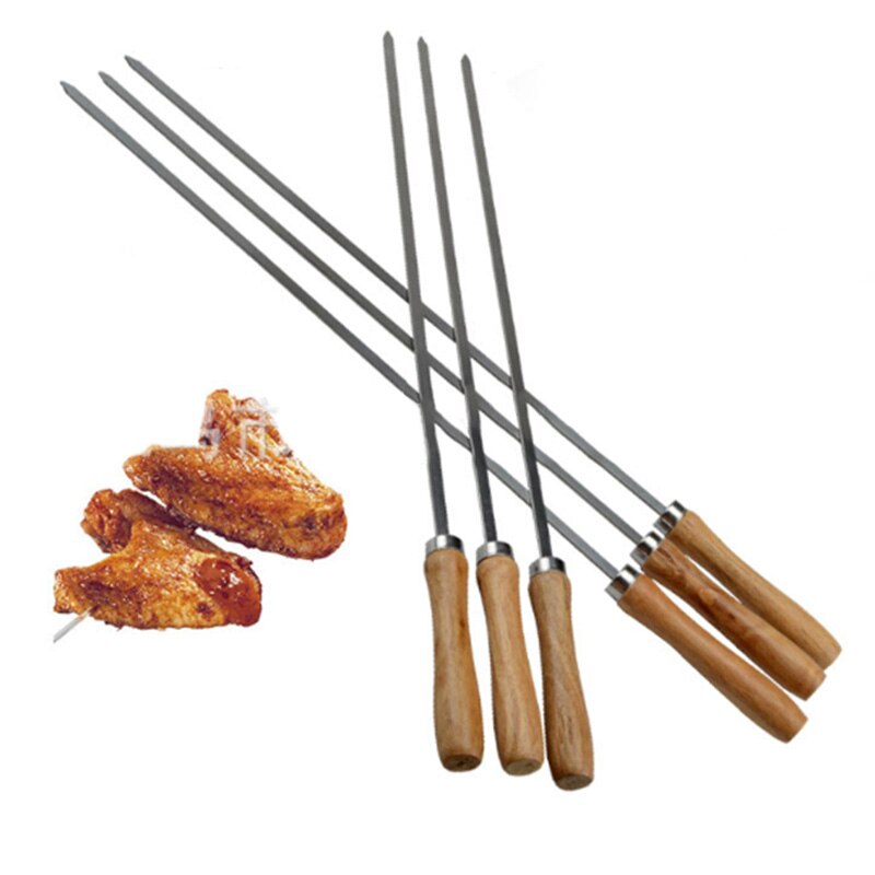Kebab BBQ Stainless Steel Skewers with Wooden Handles Flat Reusable Metal Skewer Sticks with Storage Pouch 6Pcs