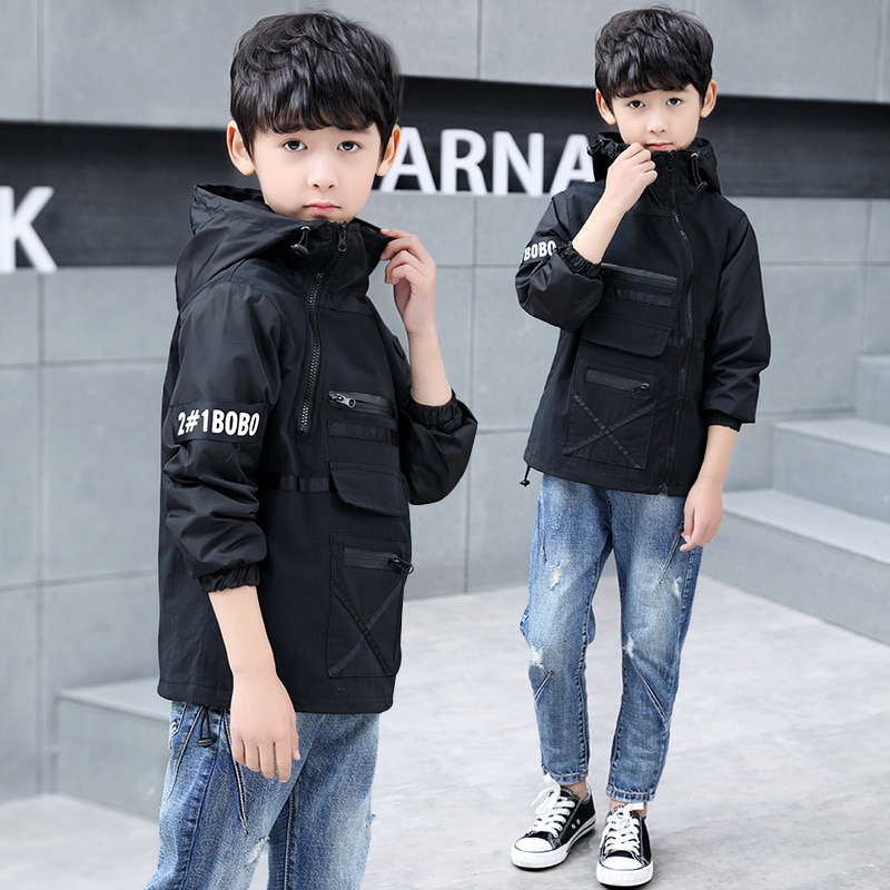 Children outerwear teenager trench coats boys coats and jackets letter printed boys' hooded Windproof kids jacket windbreaker