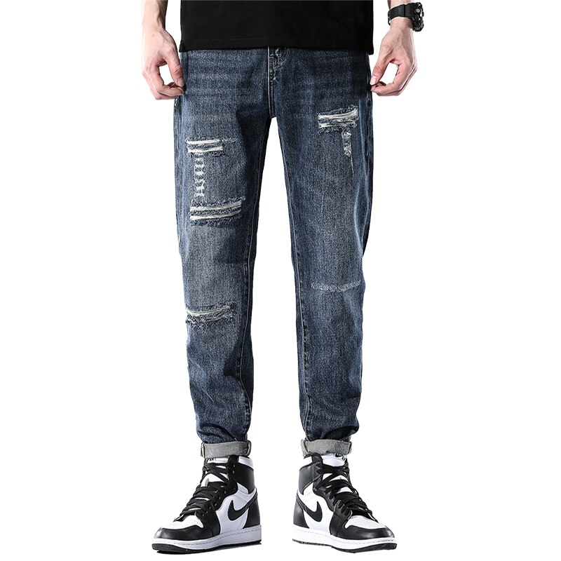 Ripped Jeans For Men Loose Fit 100% Cotton Distressed High Street Moto & Biker Jeans Man Hip Hop Denim Men's Trousers Patchwork: 28