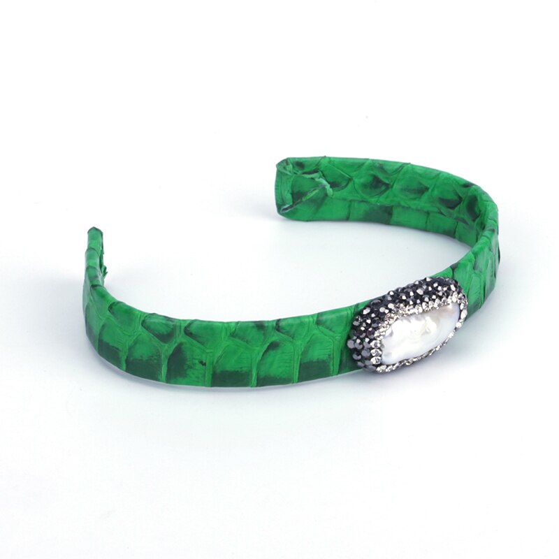 Natuurlijke Zoetwater Grote Parel Pave Rhinestone Charm Sieraden Green Real Lederen Wrap Verstelbare Open Armband Bangle Vrouwen