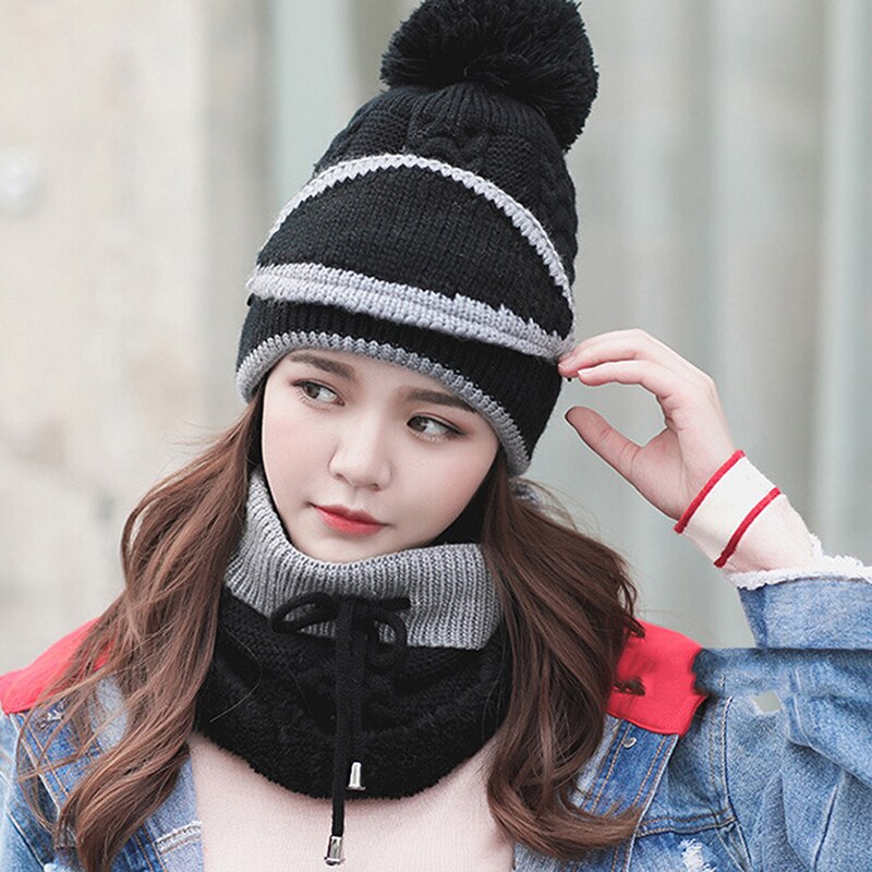 Efterår vinter kvinders hat kasketter strikket varmt tørklæde vindtæt multifunktionel hat tørklæde sæt tøj tilbehør dragt
