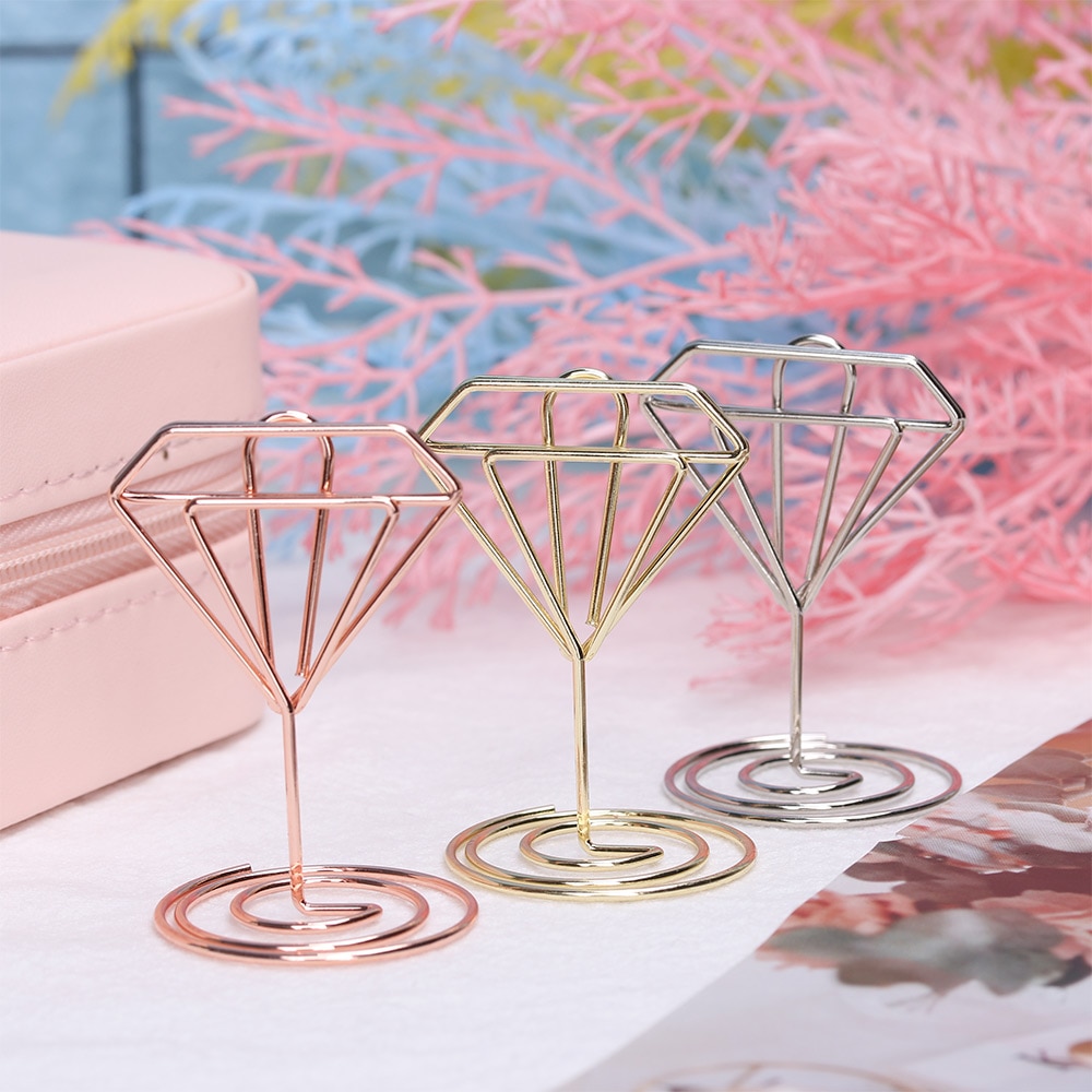 1PC Romantic Diamond Shape Photos Clips Holder Metal Clamps Stand Wedding Party Desktop Decorations Place Card Holder Supplies