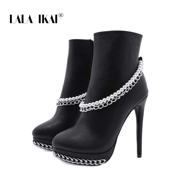 LALA IKAI frauen Stiefeletten Perle Kette Wies Plattform High Heel Boot ZIP Weibliche Herbst Winter Große Größe XWC10393-4: PU / 4,5