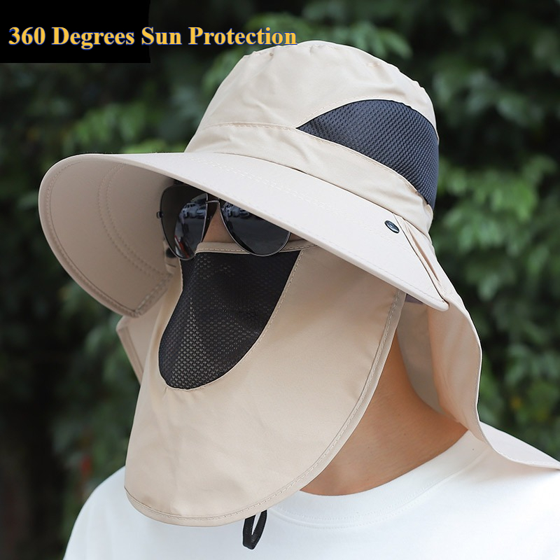 Sommer-Sonnenhüte mit breiter Krempe, mit Gesichtsmaske und Nackenklappe, 360-Grad-Sonnenschutz, Fischerkappe, draussen, Angeln, Radfahren, Eimerhut