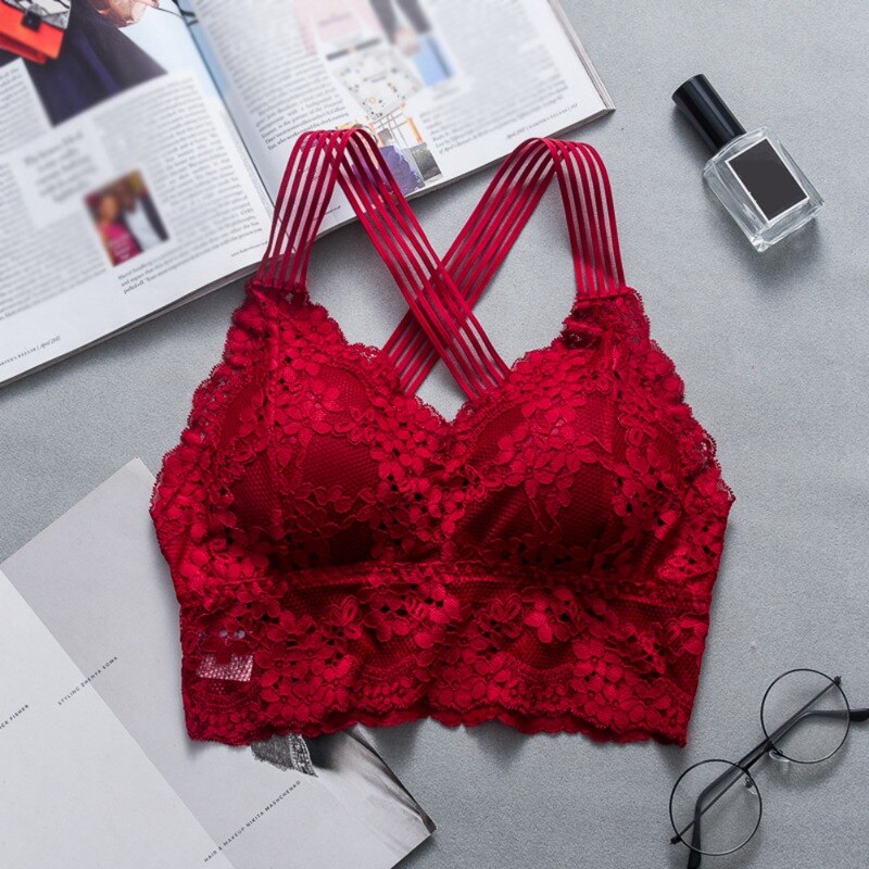 Vrouwen Sexy Lingerie Kanten Beha Hollow Bralette Backless Top Vrouwelijke Gewatteerde Bloemen Brasserie Vrouwelijke Intimates Zachte Ondergoed S-XL: Rood