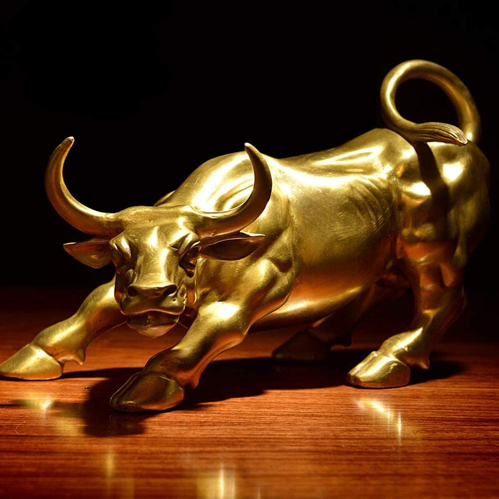 Feng Shui Fortune Brass Wall Street Bull Statue, Sculpture Home Decoration Golden Copper Bull Represents Good Luck of Career and