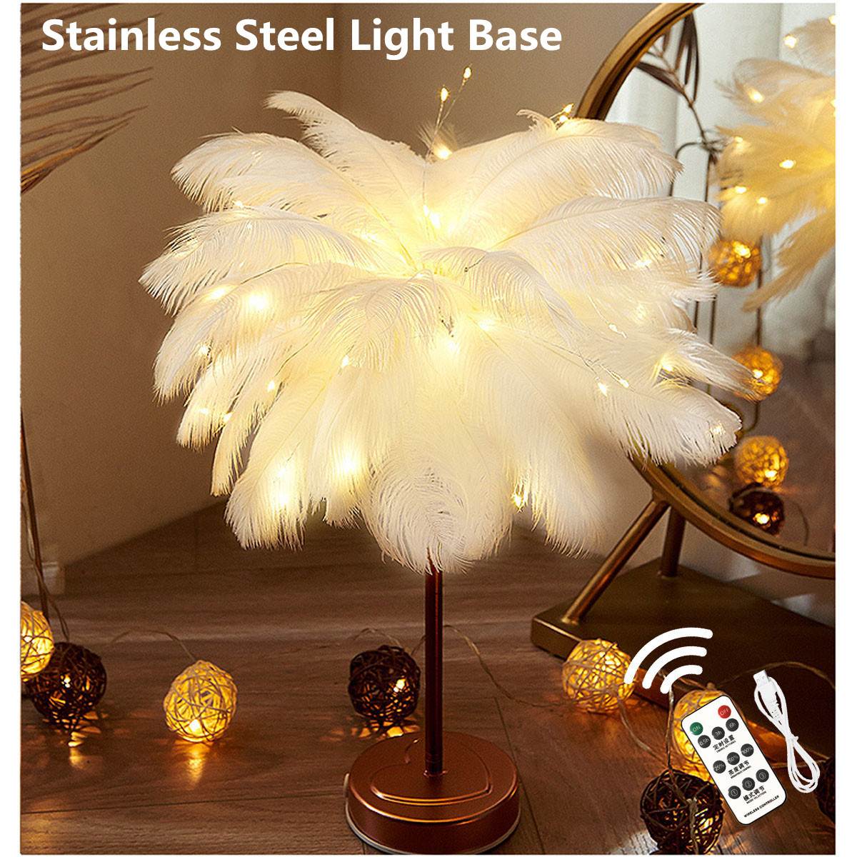 LED Feather Table Lamp Warm White Light Tree Lamp with Remote Control Feather Lampshade Wedding Decorative Lights Birthday: RC White