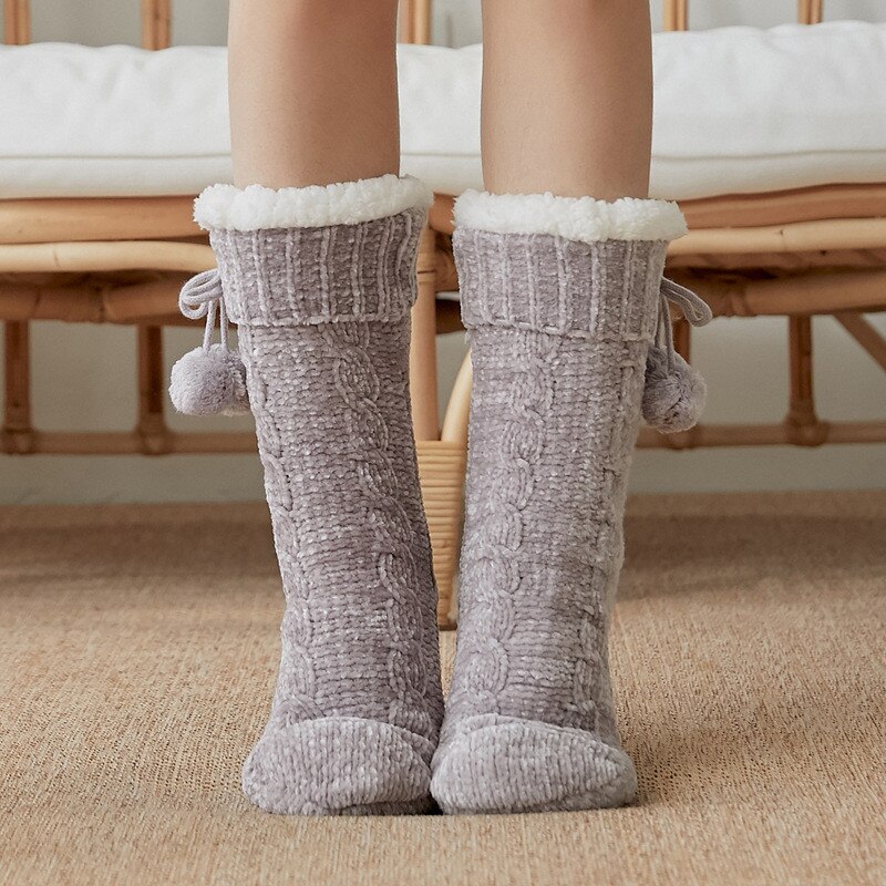 Winter Warm Soft Fluffy Ball Bed Socks Ladies Women Home Floor Slipper Coral Velvet Fleece Sock Winter Floor Boots