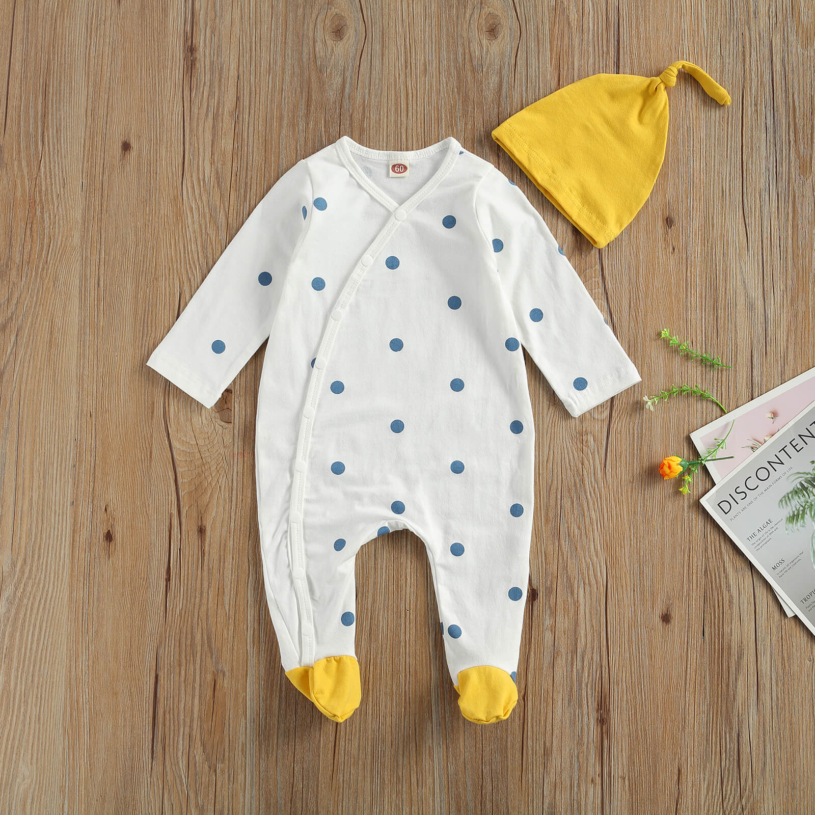 Lente 0-6M Baby Baby Jongen Meisje 2 Stuks Set Dot Print/Gestreepte Single Breasted lange Mouwen Footie + Hoed Pasgeboren Kleding