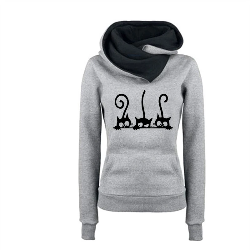 de las mujeres lindo gato sudaderas con capucha Otoño Invierno sudadera cálida de señoras diario Casual deportes jogging Top ropa: XL / Azul cielo