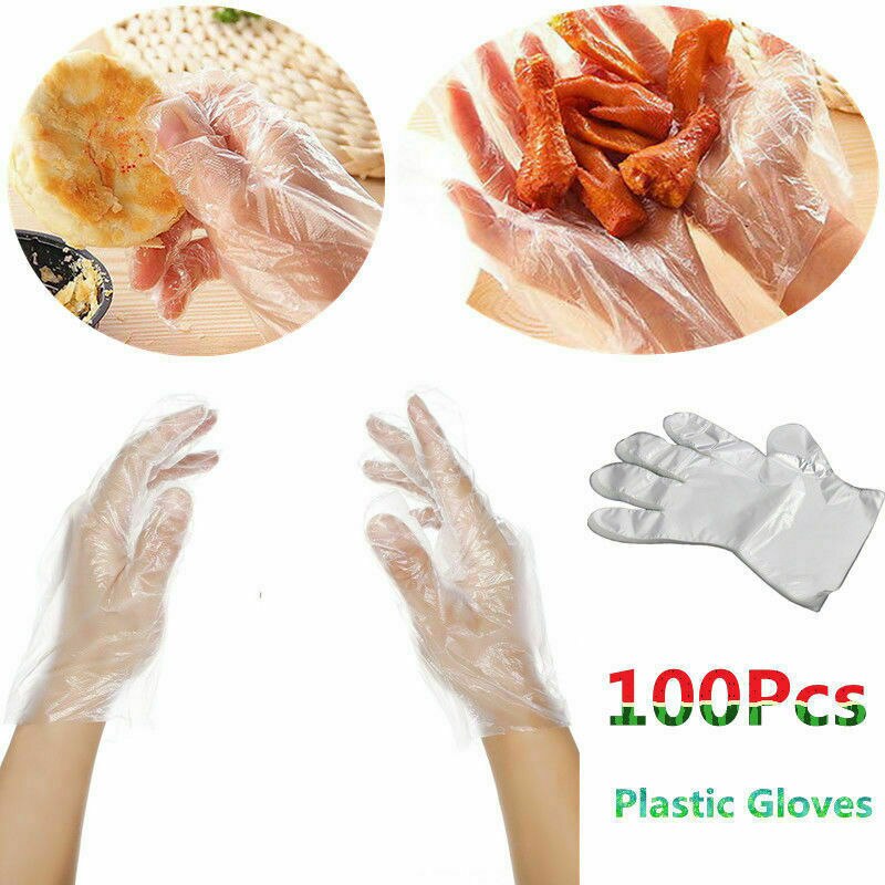 100Pcs Disposable Clear Polythene PE Gloves Plastic Food Safe Cleaning Glove