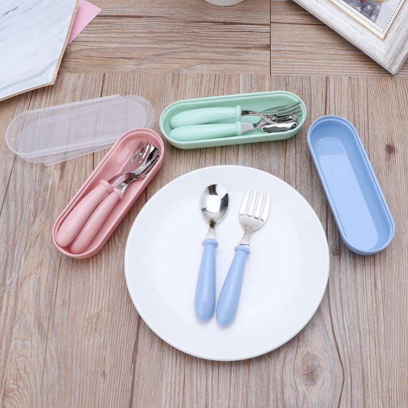 Conjunto de tenedor cuchara de alimentación para bebé, vajilla de acero inoxidable para niño pequeño, cubiertos para niño con caja antipolvo, 2 unids/lote