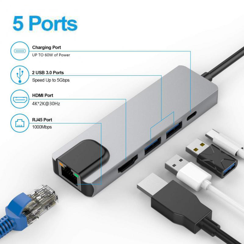 5 in 1 USB C Hub Typ C bis 4k HD Adapter mit Gigabit 1000m RJ45 Netzwerk Ethernet LAN Ladegerät Port Adapter für MacBook Pro