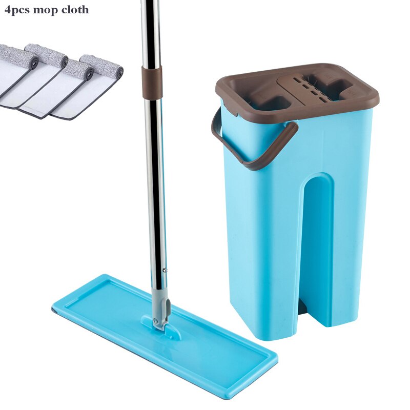 Floor Flat Cleaning Mop of Microfiber Mop Cloth with Bucket Hand Free Wringing Squeeze Mop For Kitchen Tile Wooden floor Wet Dry: blue 4 mob cloth