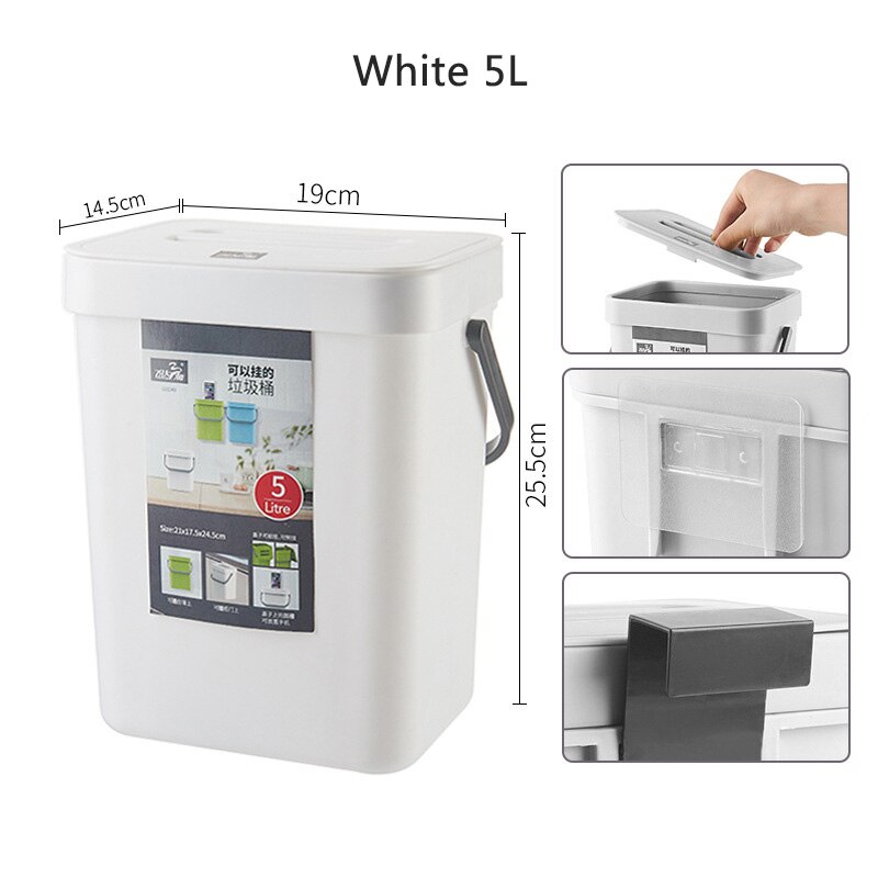 Kitchen Rubbish Bin Wall Mounted Trash Can Home Kitchen Cabinet Door Hanging Trash Garbage Bin Can Rubbish Container Trash Can: White 5L