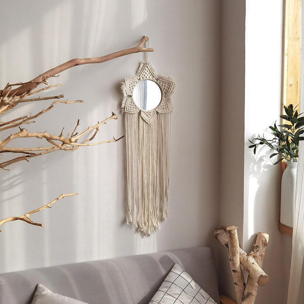 Espejo de pared colgante con flecos de macramé, redondo, bohemio, decoración artística para apartamento, sala de estar, dormitorio de bebé, guardería, entrada: 12