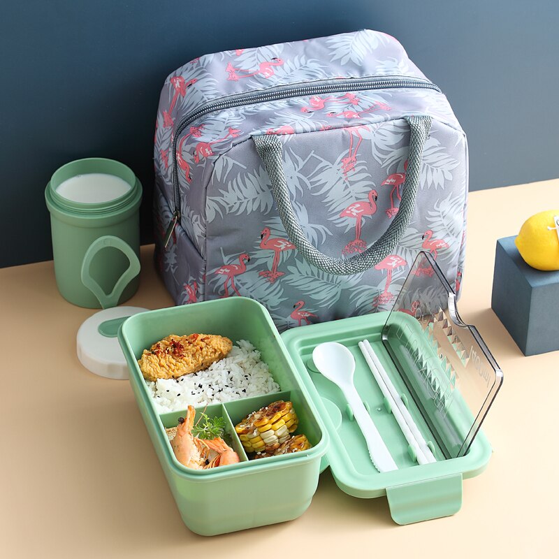 Grid Microwave Lunch Box Portable Japan Compartment Bento Box Simple Style Fruit Salad Container Storage For Kids With Tableware: GREEN add CUP BAG