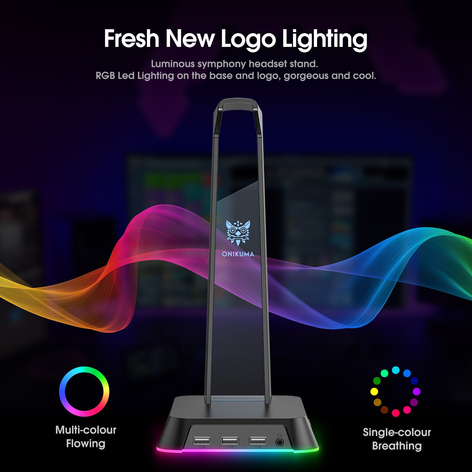 ONIKUMA RGB Gaming Headphone Stand Computer Headset Desktop Display Holder Luminous Logo with 3 USB and 3.5mm AUX Ports