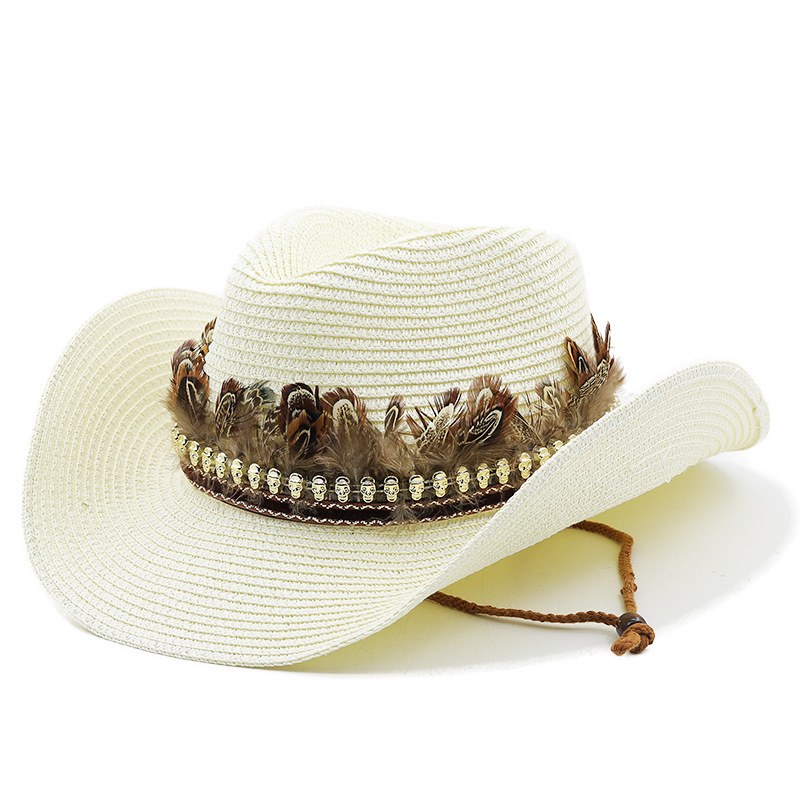 Hand Made Straw Western Cowboy Hat For Women Men Summer Curling Brim Beach Sun Hats Panama Cowgirl Jazz Cap: Ivory