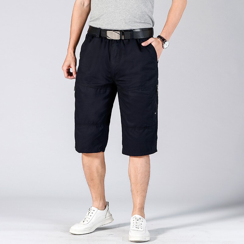 Długie spodenki męskie Cargo bezpieczne kieszeń na zamek bermudy męskie kolano długość w pasie luźna, bawełniana letnia męska bryczesy 3/4 Pant Men: Black / Xxxl