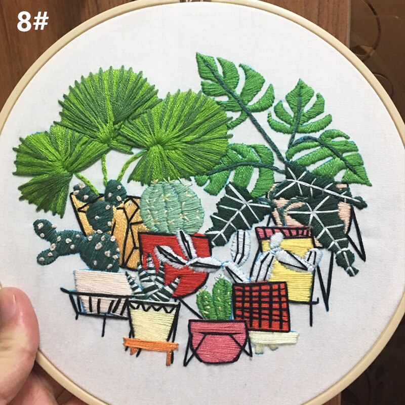 Patrones de Cactus DIY serie de plantas bordadas, manualidades, principiantes, bordado, suministros de iniciación, pintura colgante, decoración, aro: 8