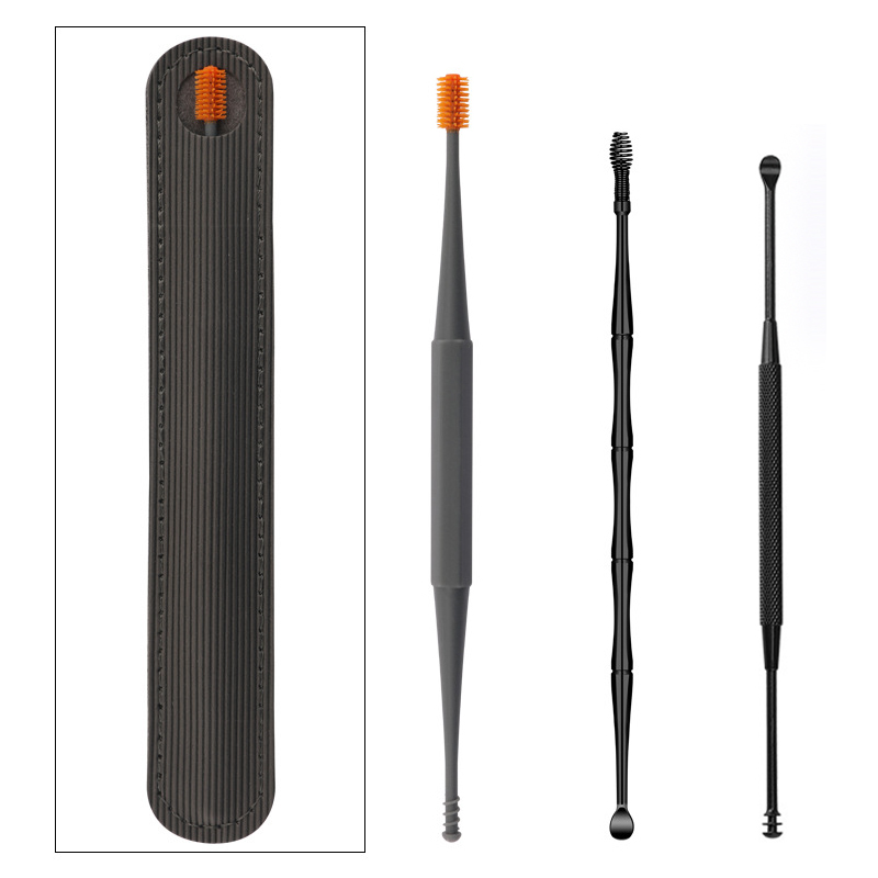 Extractor de cera de silicona suave para los oídos, limpiador portátil de acero inoxidable, 2 cabezales, 1/3 piezas: Gray-3pcs