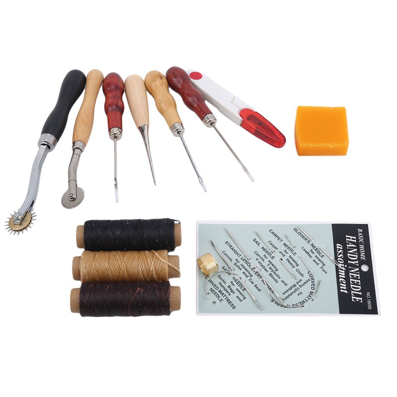13 PCSHandmade Leather Tool 1 Pcs Hole Punches Thimble Needle Kit Set Sewing Punching Lacing Stitching Punch Tool