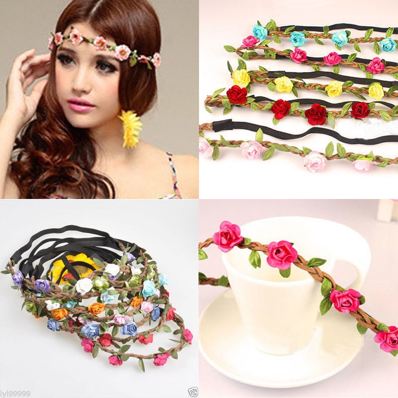 Women Girl Boho Rainbow Flower Floral Stretchy Hairband Headband Wreath Party Bride Wedding Beach Hair Accessories