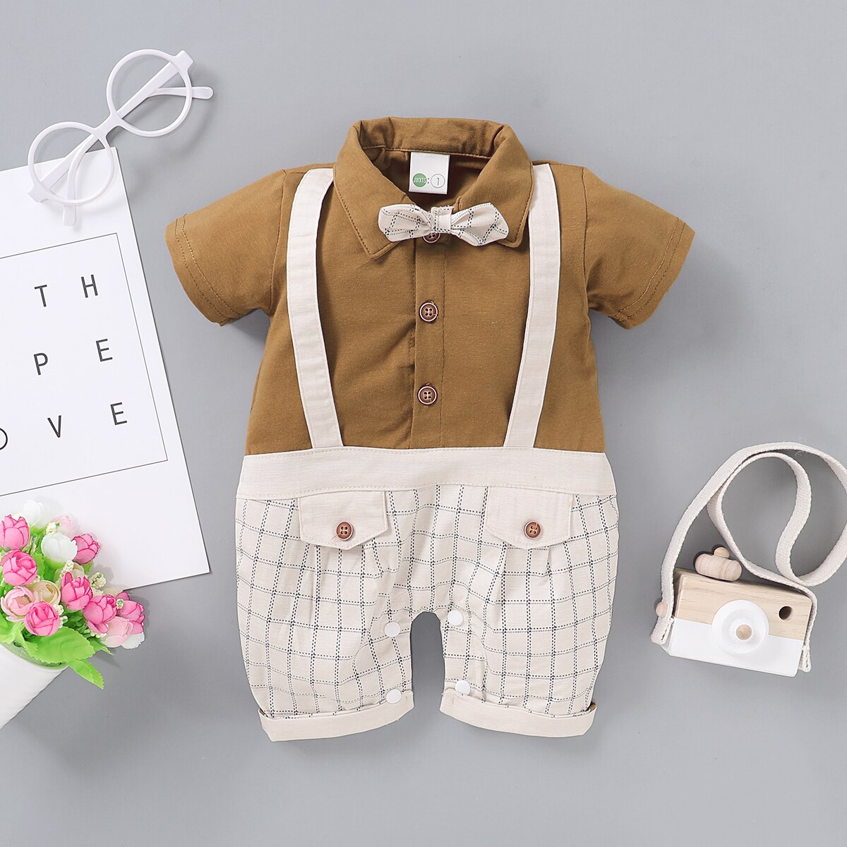 0-18M Gentleman Kinderen Jongens Rompertjes 2 Kleuren Korte Mouwen Plaid Patchwork Causale Jumpsuits Outfits