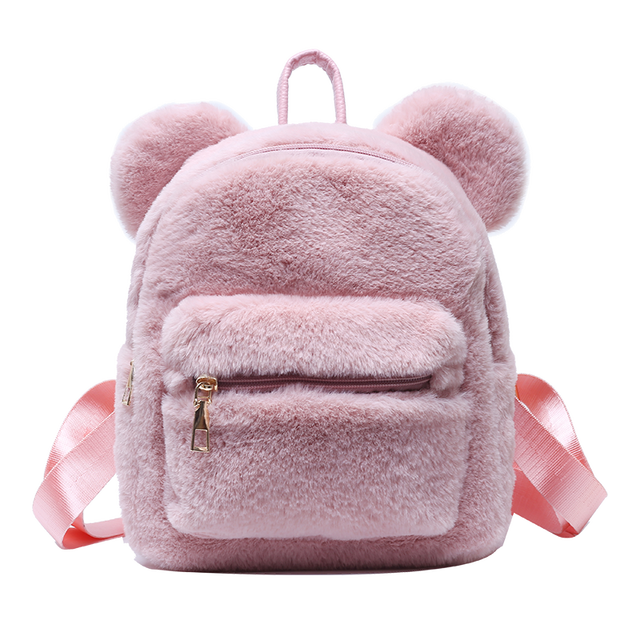 Urso impressão de pele do falso ombros saco urso orelhas de pelúcia mochila feminina bonito peludo saco novo inverno sacos para as mulheres 2022 novo: Pink Backpack