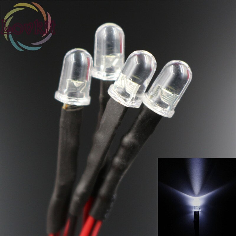 50pcs 5MM Round Top 12v Pre-Wired Resistor White LED 12V DC 20cm Emitting Diode DIY For car Lamp Retail