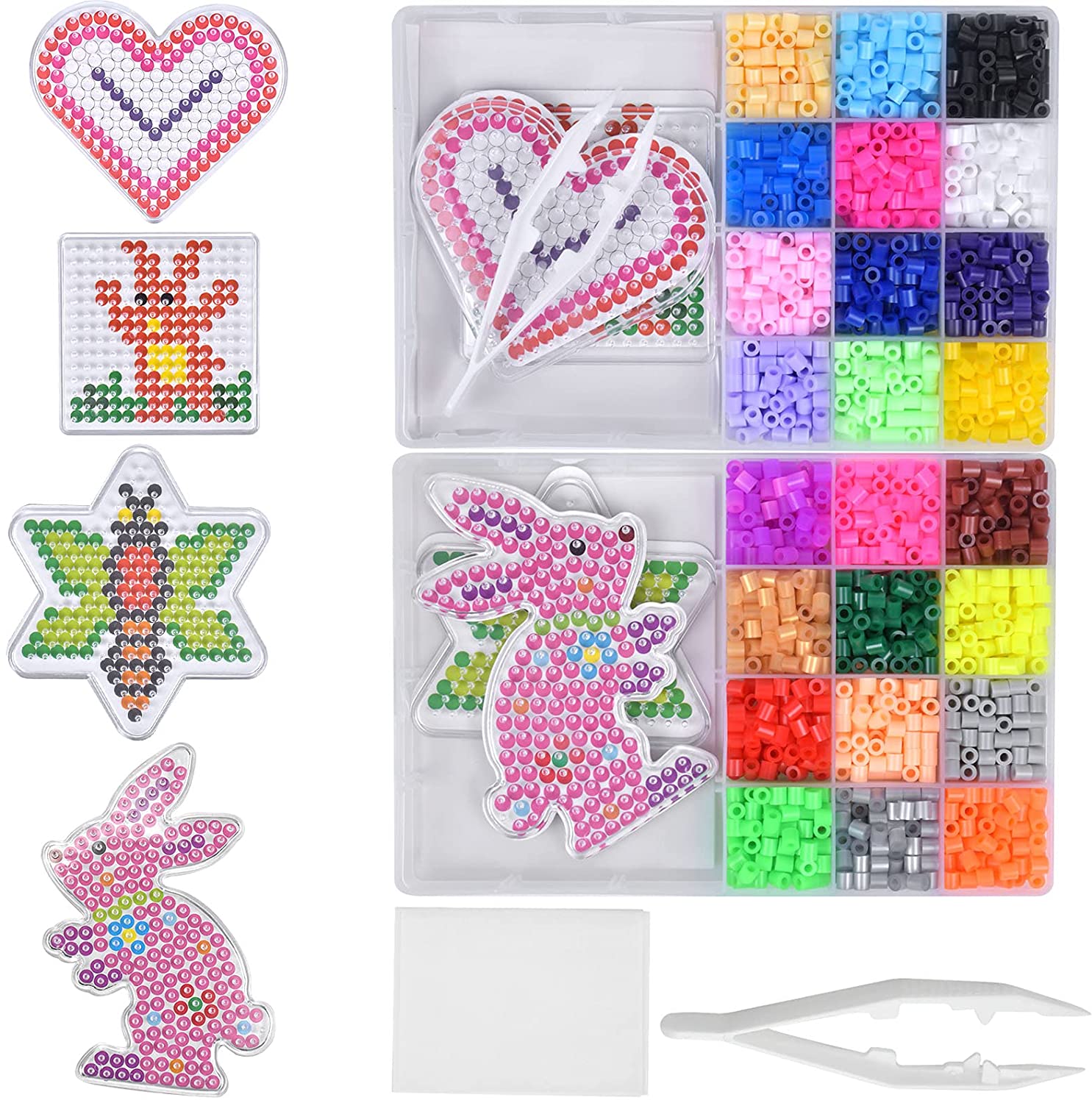 2400Pcs Fuse Beads Kit 5mm Iron Beads Set with 4 Pegboards 4 Pattern Card 2 Ironing Paper 1 Tweezer Box for Kids Children: 24 Colors