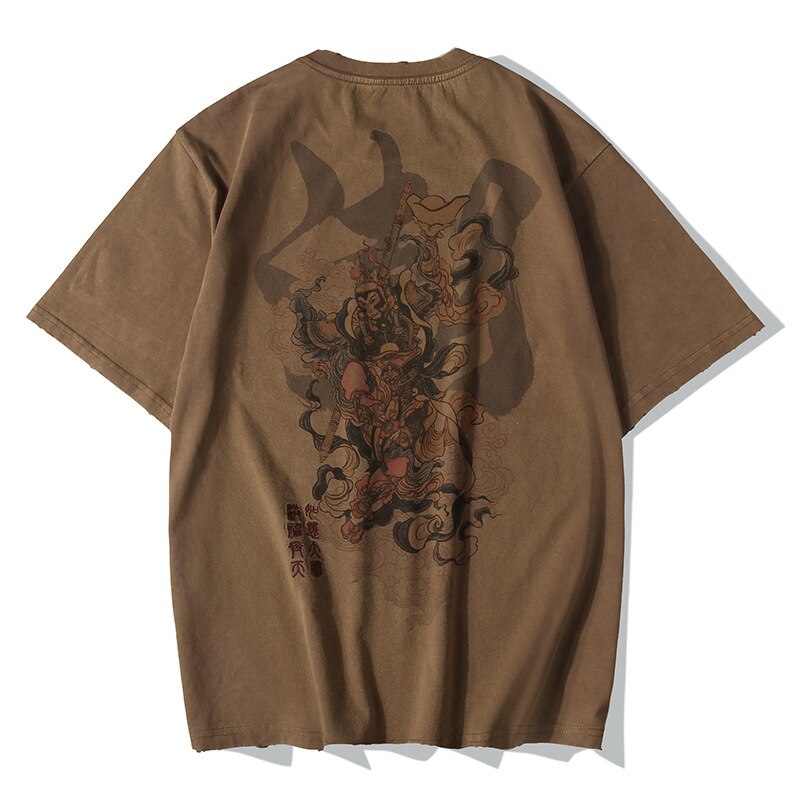 Lyprerazy Chinese Vintage Monkey King Embroidery T Shirt Men Tshirt Men Streetwear T-Shirt Hip Hop 4XL Clothes Brown Cotton: M