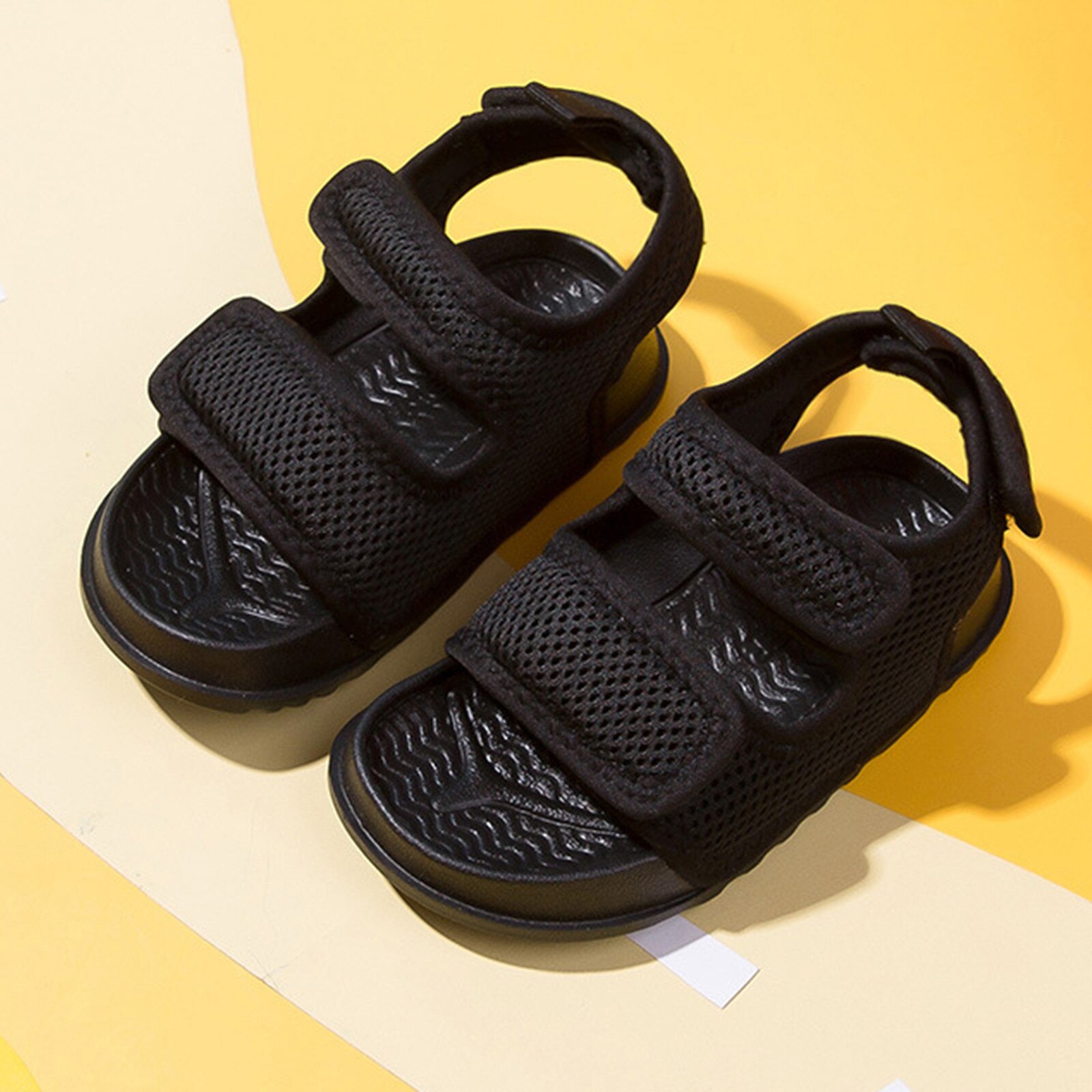 1-8 Years Kids Unisex Mesh Hook-loop Sandals Kid Solid Color Flat Shoes Non-slip Rubber Sole Eva Cross Sandals For Boys Girls#23: Black / 18-24 Months
