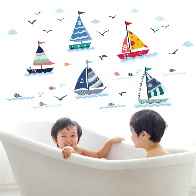 Cartoon Zeilboot Met Zee View Muursticker Voor Kinderen Kamers Woondecoratie Glas Venster Achtergrond Mural Decals Poster Stickers
