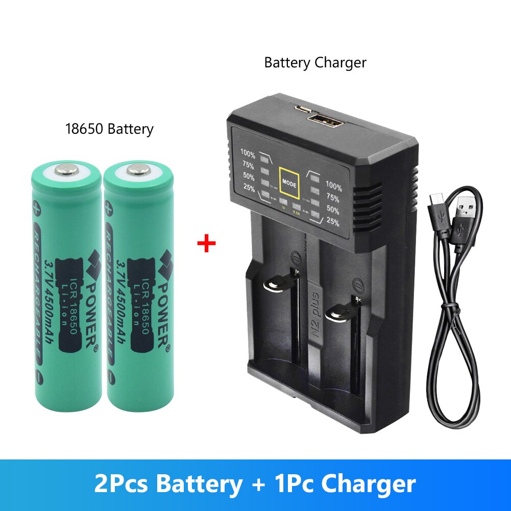 2Pcs 3.7 V 4500 MAH 18650 Lithium Rechargeable Battery 18650 Battery For Flashlight Bateries With Universal Charger: 2 battery USB type