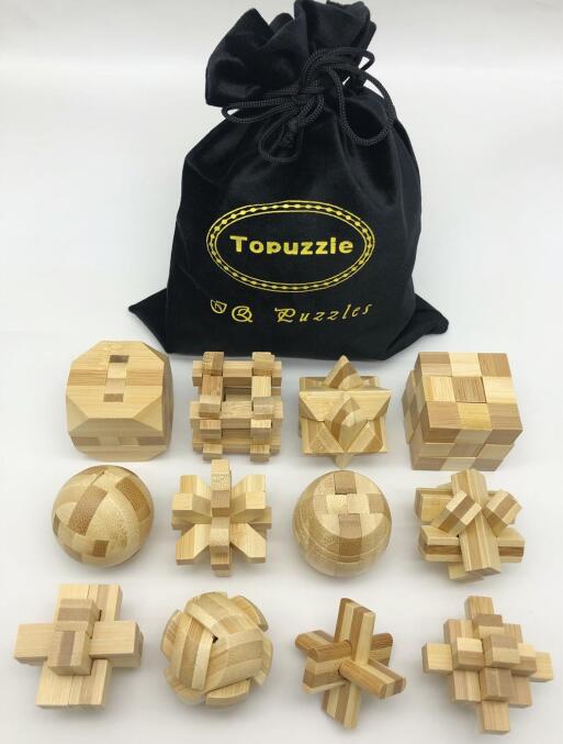 Set of 12PCS IQ Educational Bamboo Burr Puzzle Interlocking Mind Brain Teaser Puzzles Game for Adults Children: Storage Bag