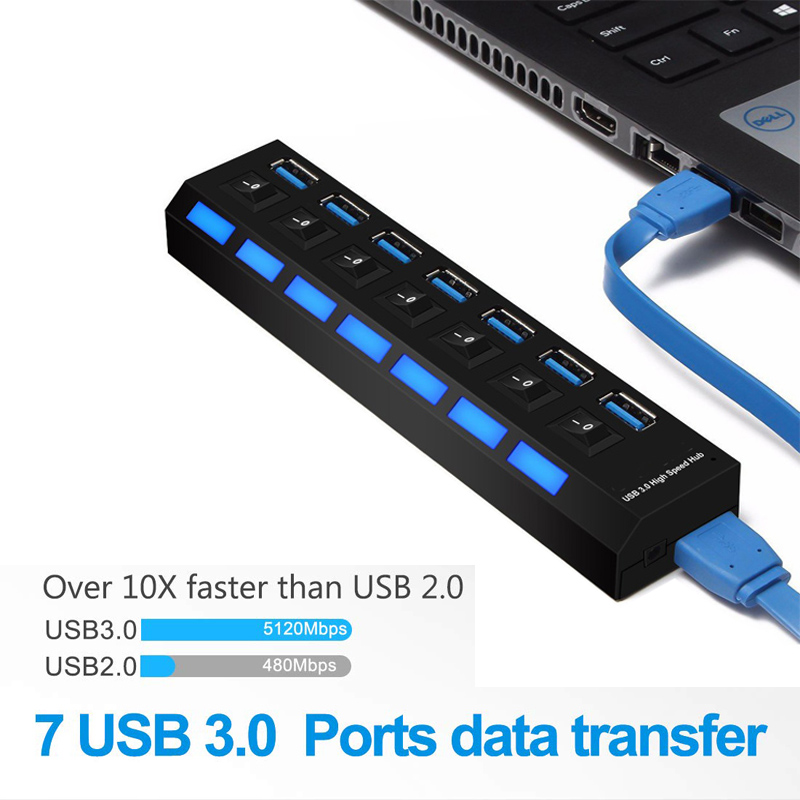 7 Port USB 3.0 Hub With Individual LED Power Switches For Macbook Pro Air Computer PC Laptop Accessories Cable Splitter Adaptor