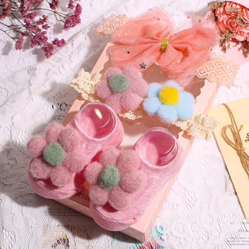 3er -einstellen babysocken + haarband mit süßen punkten und schleife, haarband mit blumenkranz, rutschfeste socken für babys und kleinkinder