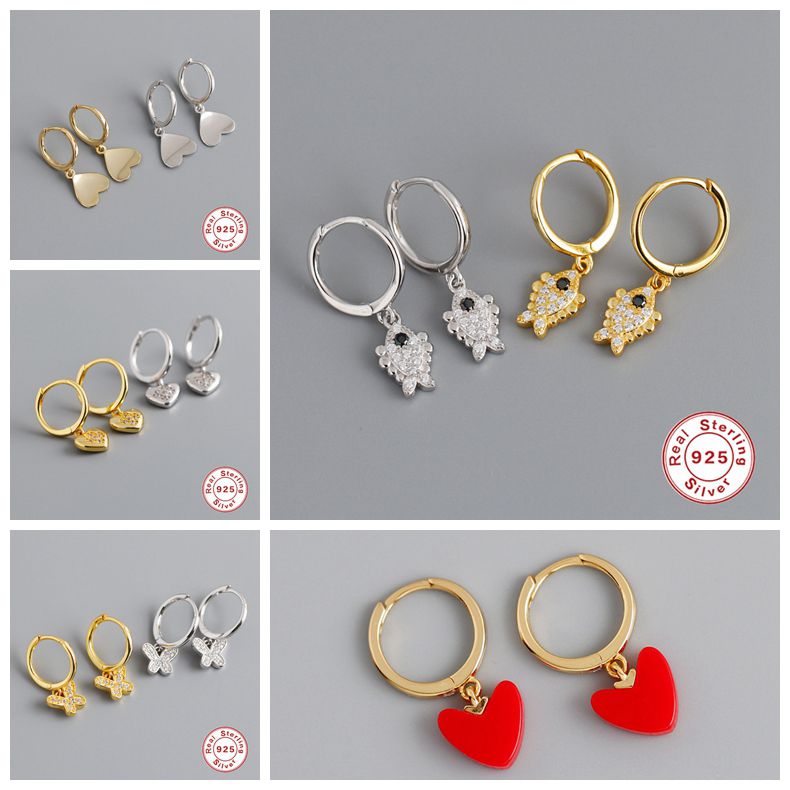 real 925 sterling silver Crystal Heart Hoop Earrings For Women Gold Fish butterfly Cartilage Earrings Charm Jewelry A30