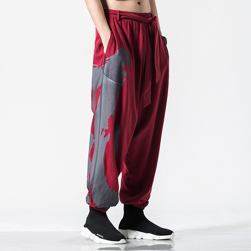 Men Casual Loose Pant Streetwear Male Elastic Waist Cotton Linen Print Harem Trousers Joggers Sweatpants Thailand Travel Clothes: Burgundy / XL