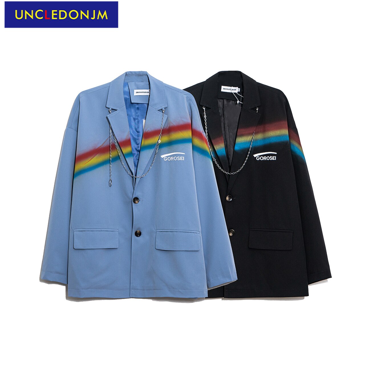 UNCLEDONJM-Chaqueta de arcoíris para hombre, traje decorativo de con cadena, chaquetas de Hip Hop, traje de , ZB-21005