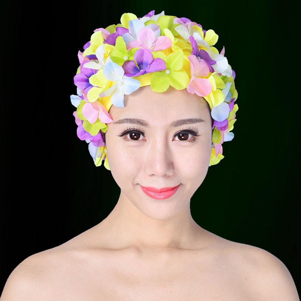 Kvinner badehette unik blomsterdykking strand myk beskyttelse vannsport fri størrelse langt hår solid elastisk håndlaget pustende